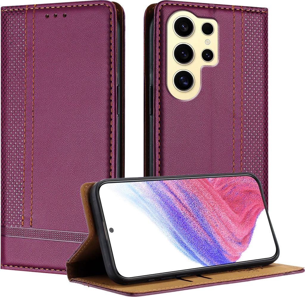Handyhülle für Samsung Galaxy S24 Ultra Leder Flip Klappbare Schutzhülle mit Standfunktion Lila