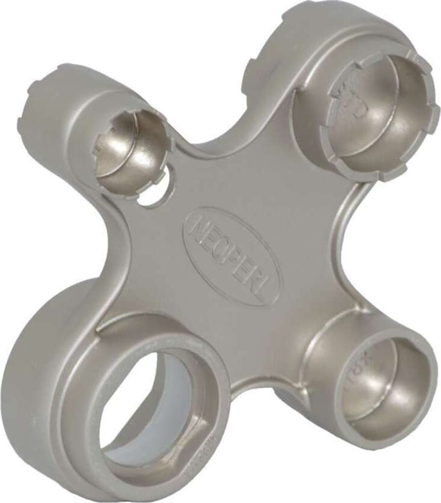 A silver-colored multi-tool for plumbing fixtures, shown against a white background.