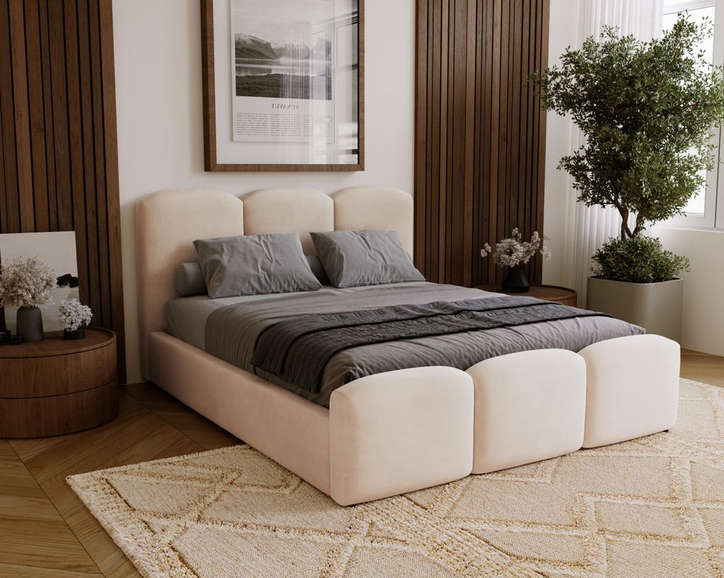 BESILIO Gepolstertes Schlafzimmerbett 160x200 Camille – Bett mit Stauraum und Holzlattenrost – Beige