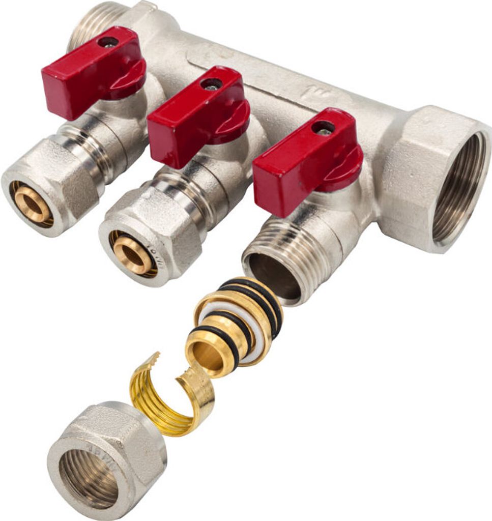 Belrad Heizkreisverteiler Messing 1 Zoll mit 3 Abgängen & Kugelhahn Rot MF-1” 3 x 16 – kompakter Wasserverteiler für Heizungs- & Sanitärinst...