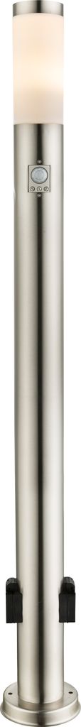 A tall, cylindrical outdoor lamp made of brushed stainless steel with a frosted glass top and two black mounting brackets near the base.