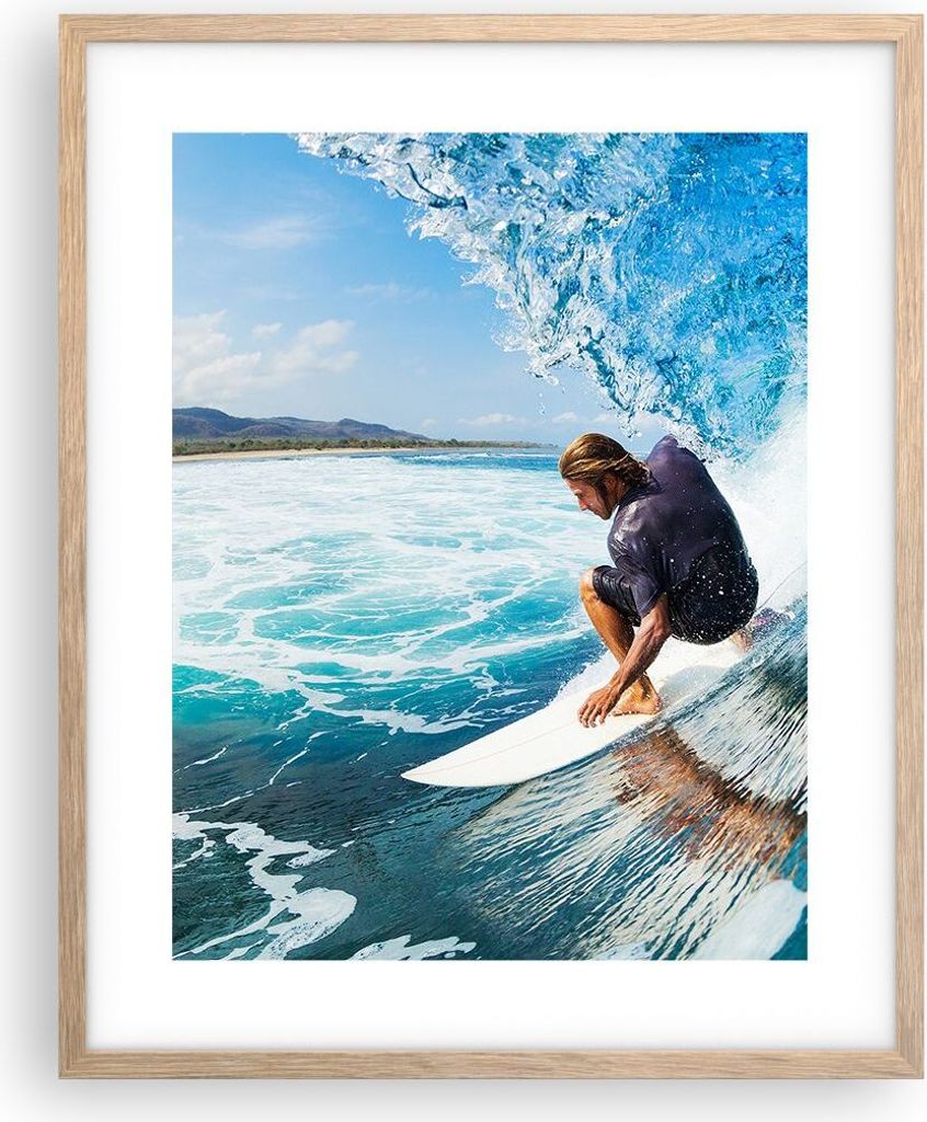 Gerahmtes Poster - Rahmen in heller Eiche - Surfen Surfer Ozean Welle - 40x50 cm - Wand Bild - Wanddeko - Wandbilder - Wandposter - Bilderrahmen - ...