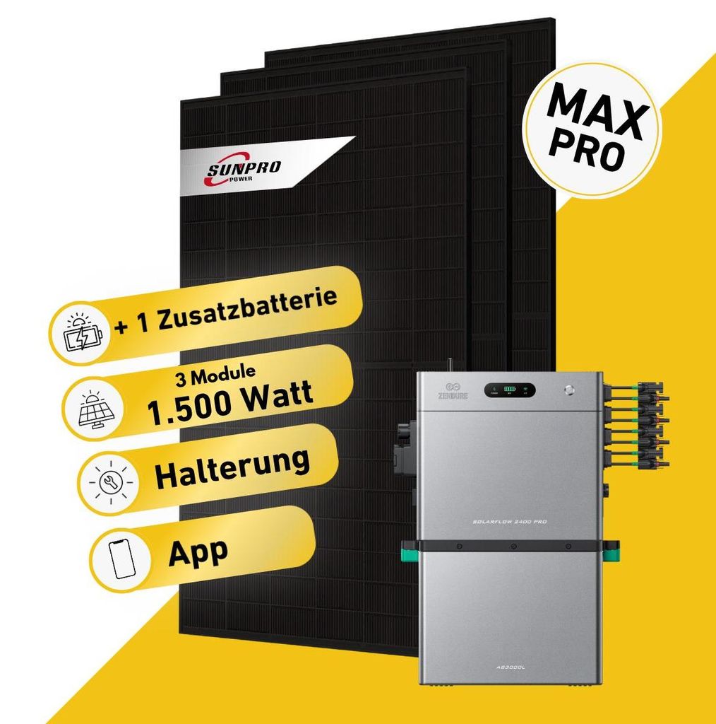1500 Watt, Bifazial Komplettset, Balkonkraftwerk, Zendure Solarflow 2400 Pro, AB3000L Zusatzbatterie, Halterung Bitumendach vertikal