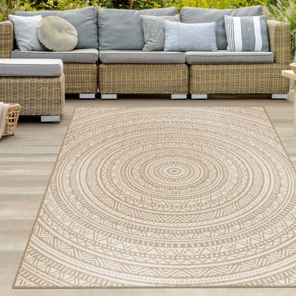 Ethno-Outdoor-Teppich Terrassenteppich rund in Beige und Weiß – Modern, robust und vielseitig Größe - 80 x 150 cm