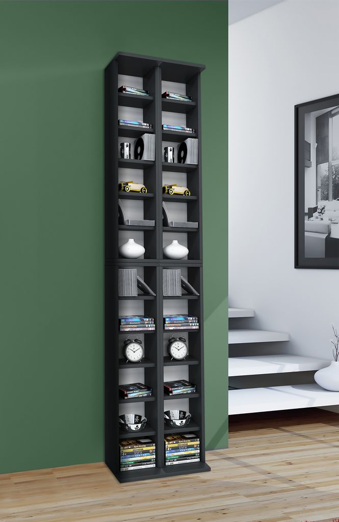 VCM Holz CD DVD Stand Regal | CD Regal mit Platz für 408 CDs oder 144 DVDs oder 80-Videos | Maße: H. 183 x B. 42 x T. 20 cm | Elegantes CD/DVD Re...