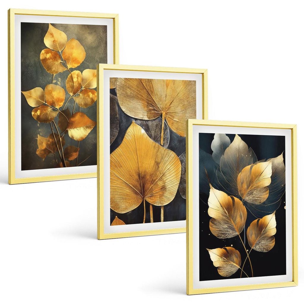 Bilder Set 3-teilig im Goldrahmen Rahmen – Wandbilder 3 Stück – gerahmte Poster für Wohnzimmer, Schlafzimmer und Flur – 40x60 cm – Gelbe ...