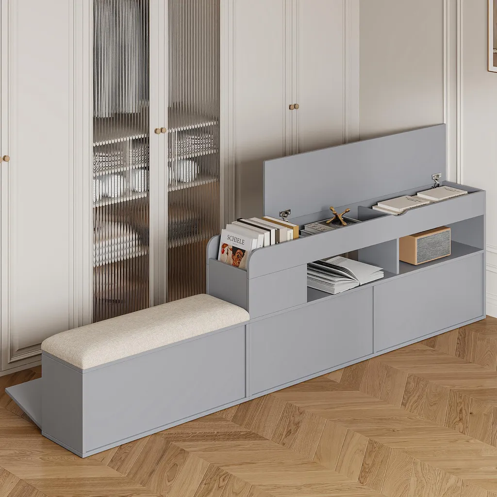 Lit double combiné gain de place 140x200, bois gris avec rangements - 6