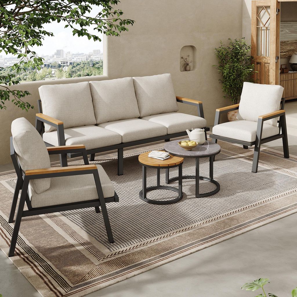 Sweiko Gartenlounge Set, 3-Sitzer Sofa, 2 Sessel + 2 Couchtische, Marmor Glasplatte + Holz-Kunststoff Platte, Stahl verzinkt, grau