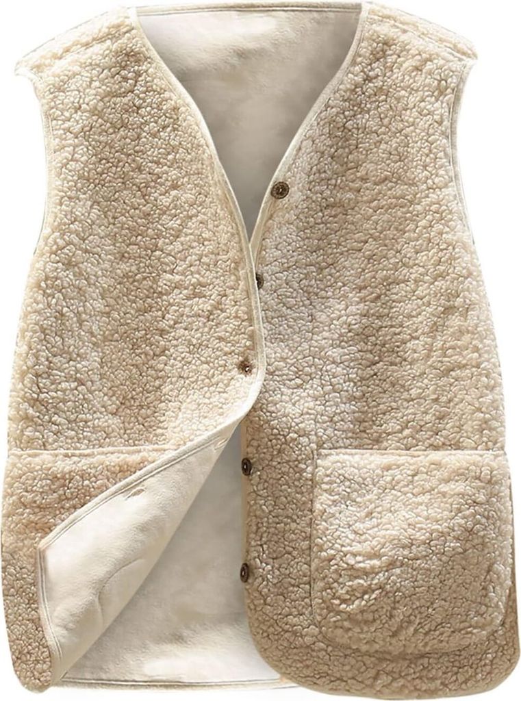 ASKSA Damen Teddy Fleece Weste Leichte Weste Fleeceweste Herbst Winter Warm aermellos Westen Leicht Casual Einfarbig Plueschweste,Beige,L
