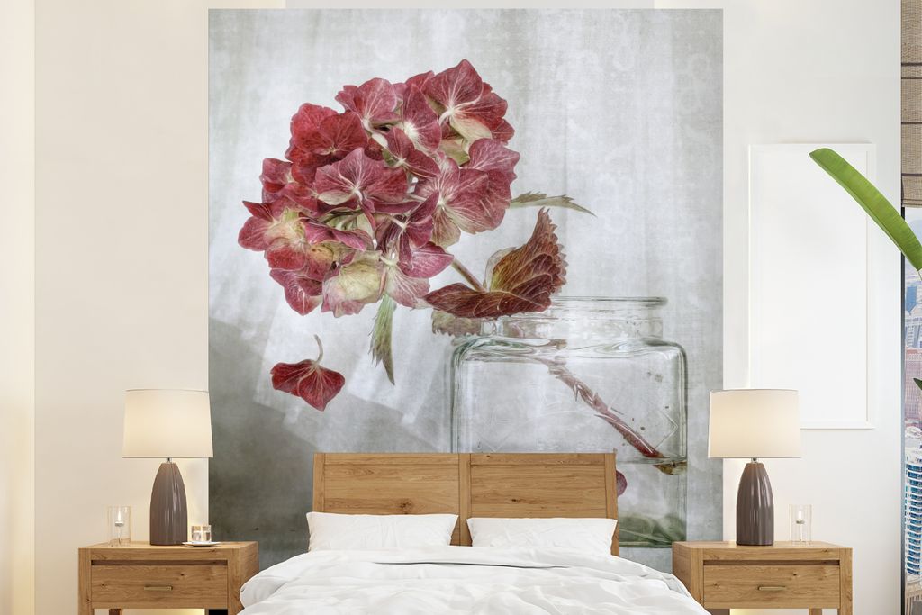 MuchoWow Fototapete für Wohnzimmer oder Schlafzimmer Wandtapete Vinyl Motivtapete Blumen - Hortensie - Rot - 180x220 cm - Tapezierpapier