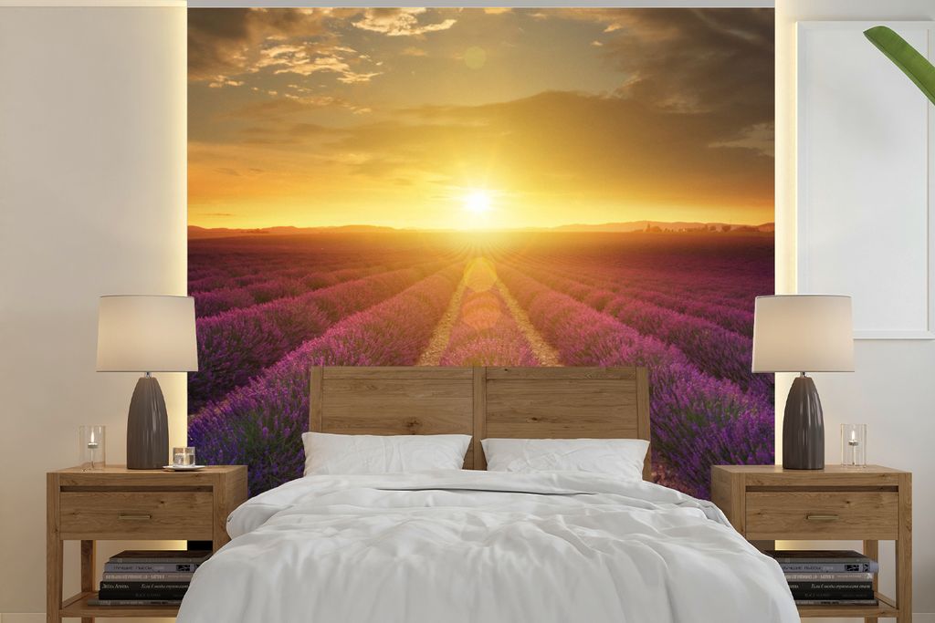MuchoWow Fototapete für Wohnzimmer oder Schlafzimmer Wandtapete Vinyl Motivtapete Sonnenuntergang - Lavendel - Frankreich - 260x260 cm - Papiert...