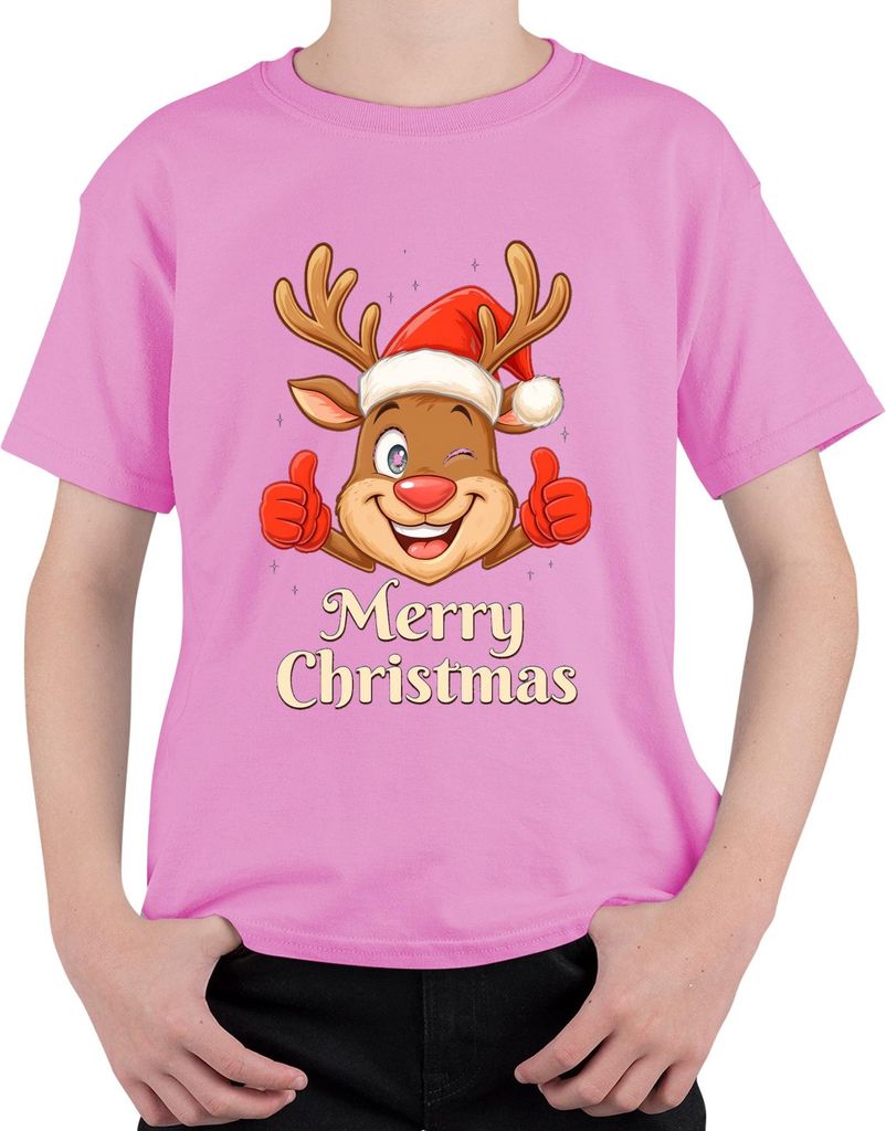 Merry Christmas niedlich Rentier Santa Hut Cartoon Familie Kinder Uni Kinder T-Shirt, Pink, 116