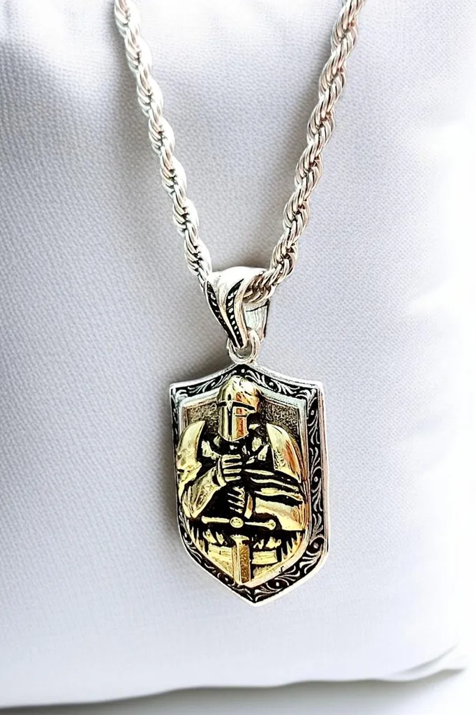 Collier pour Homme avec Pendentif Chevalier Spartiate et Bouclier Rond