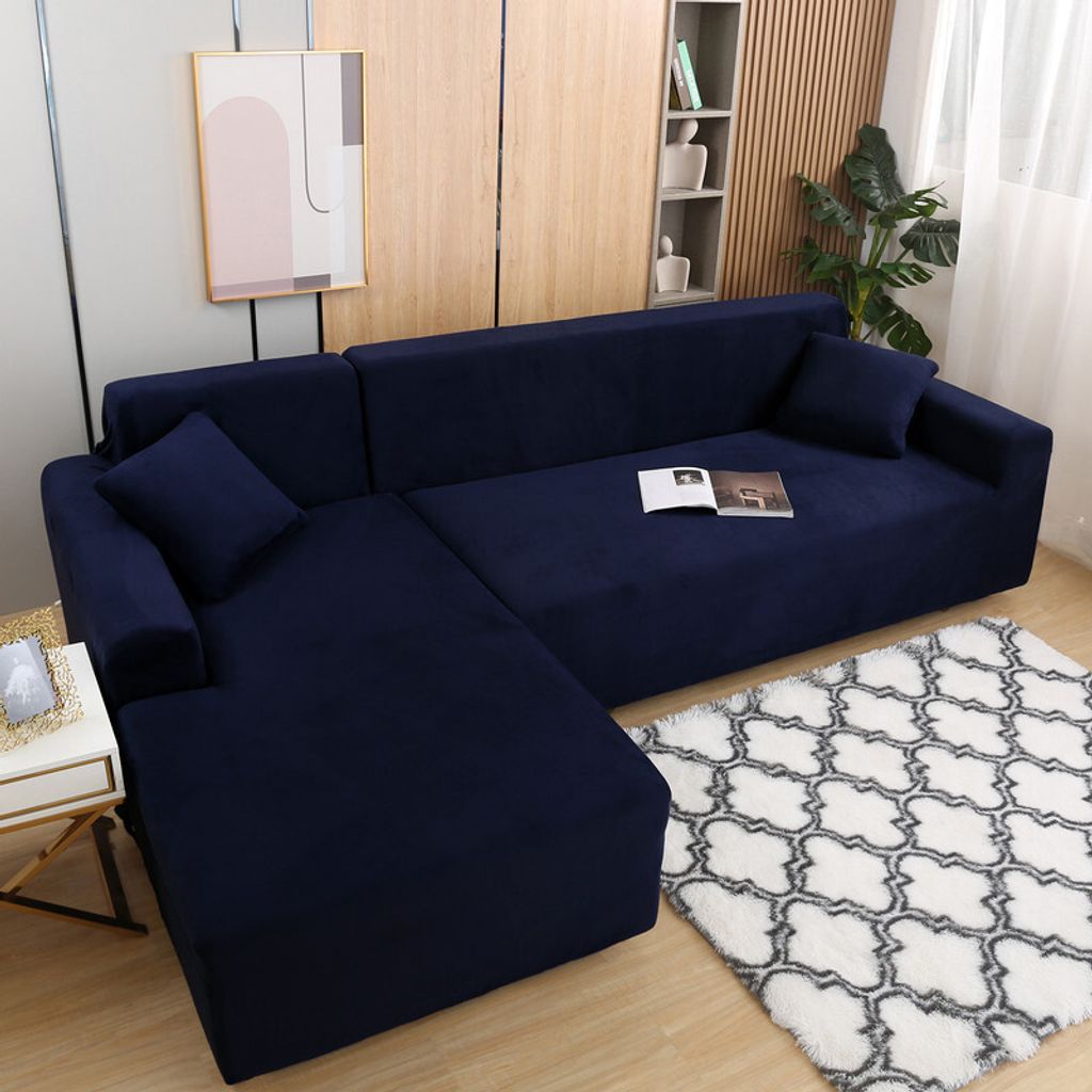 (Navy blau) L-förmiger Sofabezug, 2-teilige Plüschverdickung, elastische Sofabezüge, Schnittsofa, L-förmiger Sofa-Möbelschutz für Kinder und ...