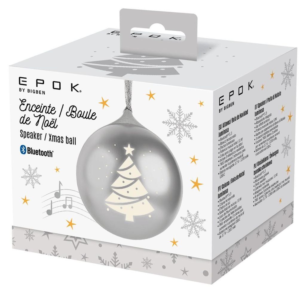 The image shows the retail packaging of a Christmas ornament speaker.