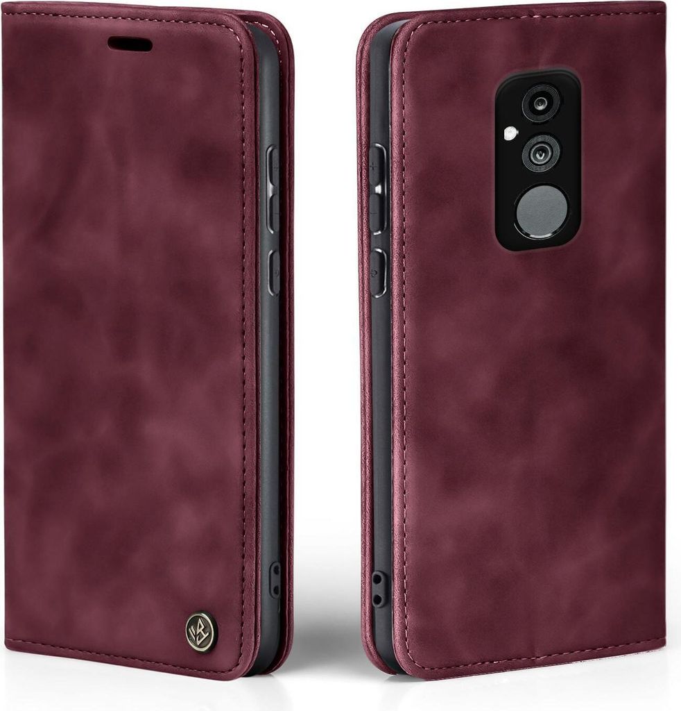 A burgundy flip case for a smartphone, shown from the front and back.