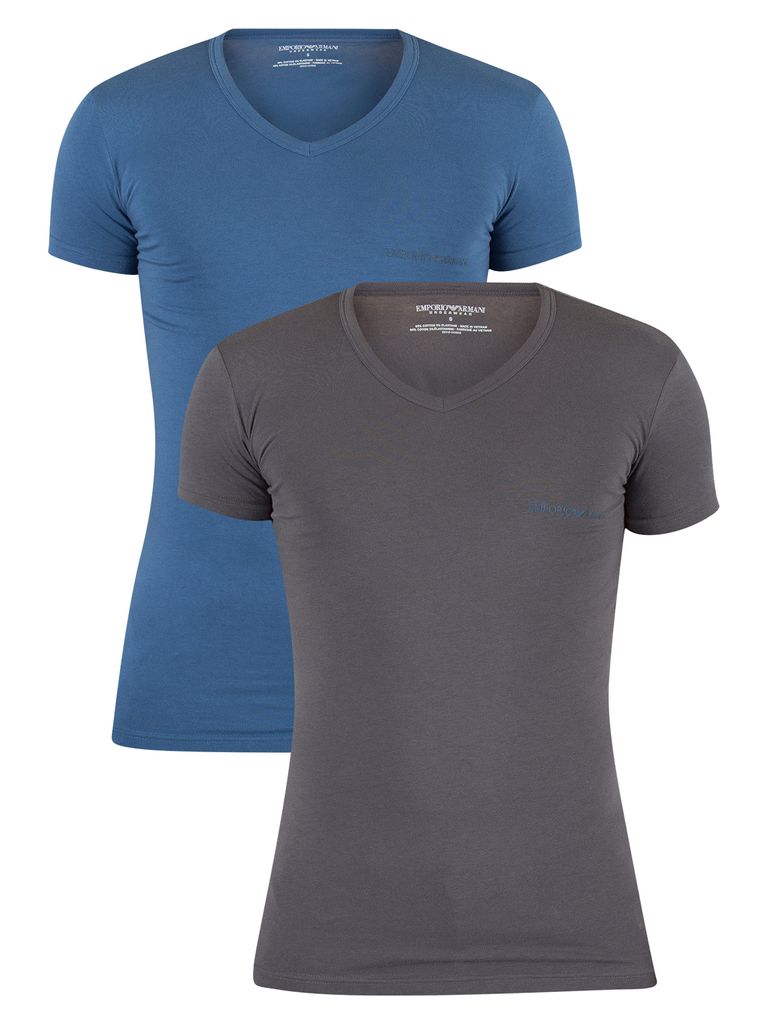 Emporio Armani Herren 2er-Pack mit V-Ausschnitt-Logo-T-Shirt, Blau X-Large