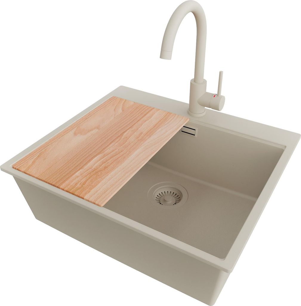 PRIMAGRAN Granitspüle Beige 58x50cm, Spülbecken 1 Becken + Küchenarmatur 32x20cm + Ablauf-Set + Schneidebrett, Küchenspüle ab 60er Unterschran...