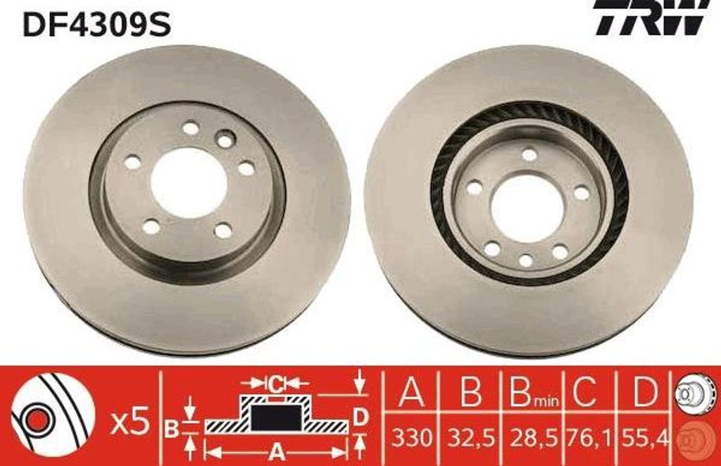 TRW DF4309S Bremsscheibe OE 7H0615301E kompatibel mit Multivan V, Transporter V