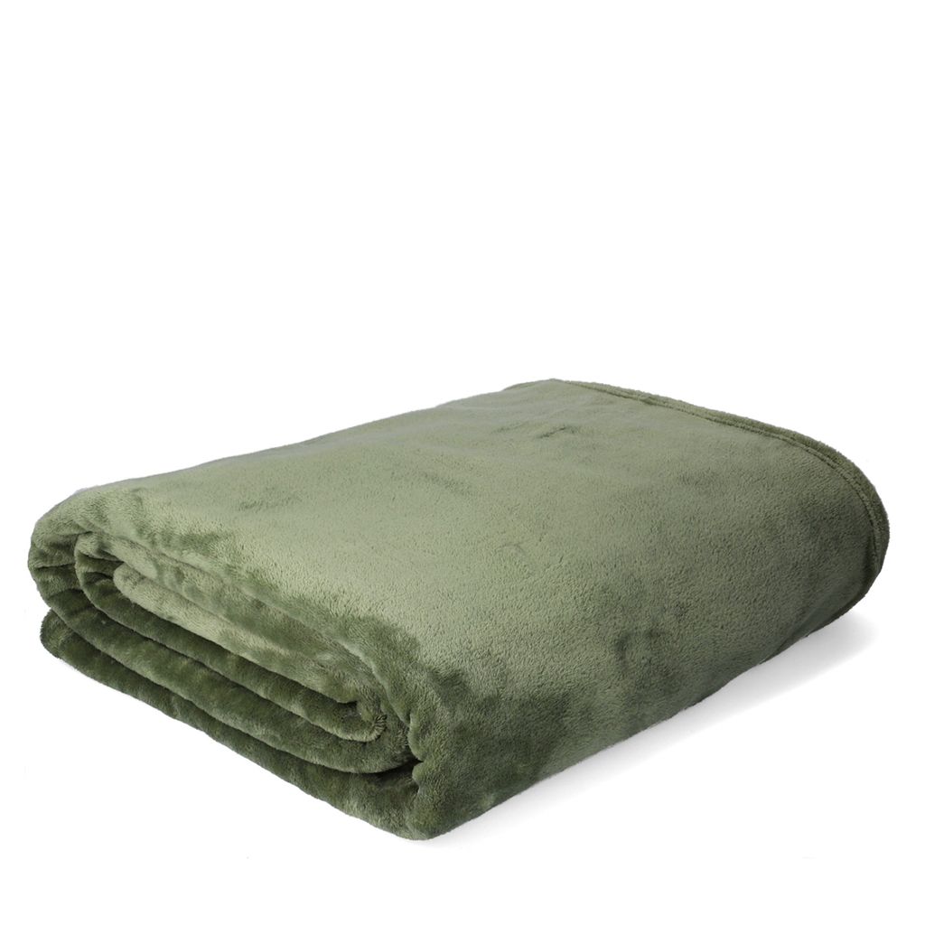 A folded olive green blanket on a white background.