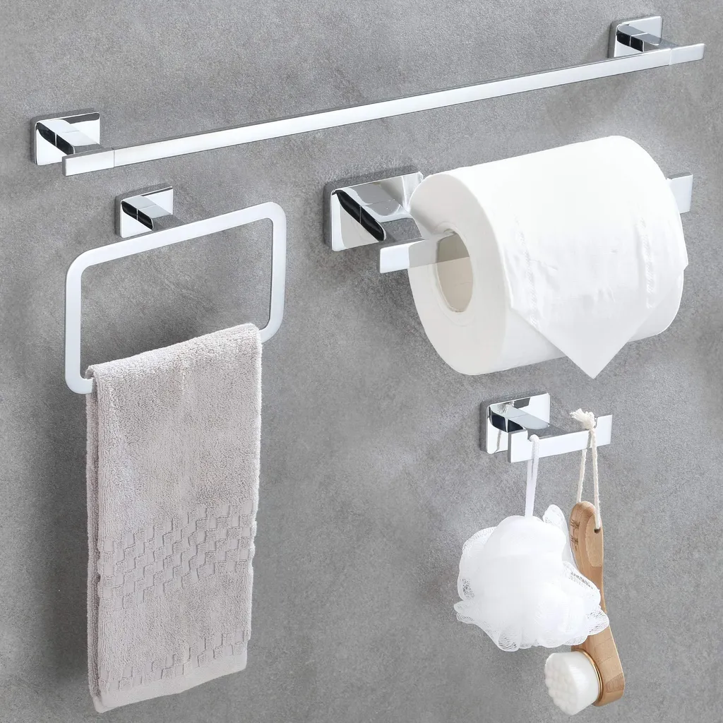 Kit porte-serviettes et accessoires de bain muraux en inox chromé 4pcs