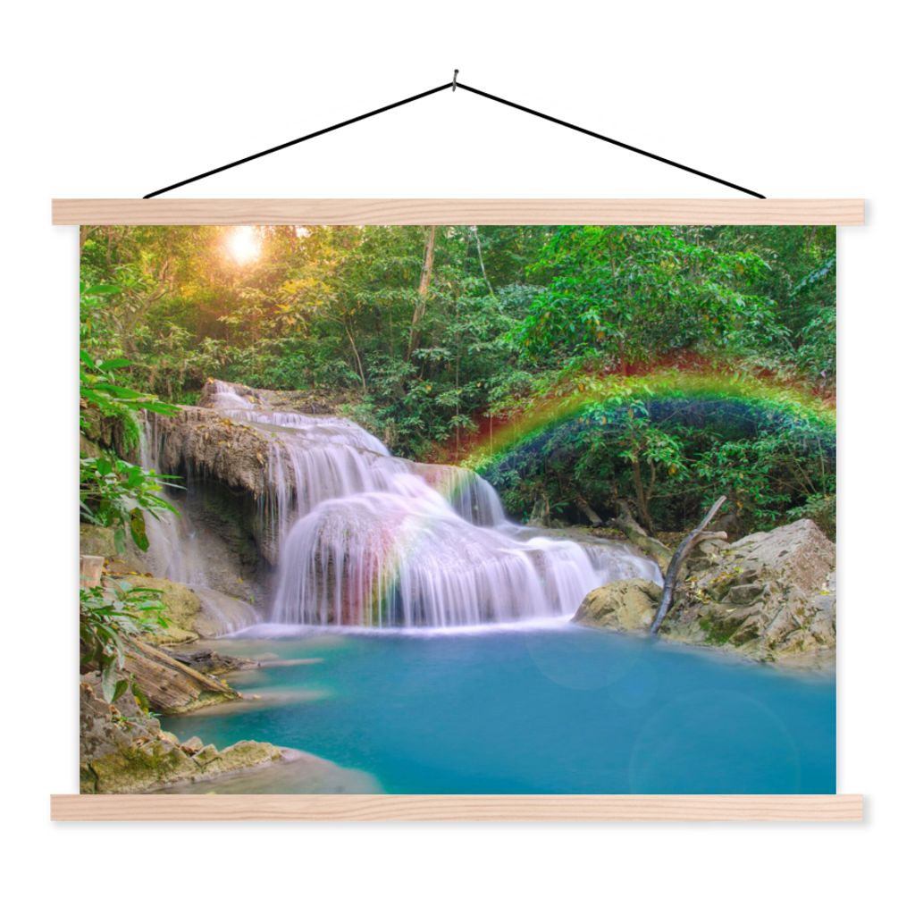 MuchoWow Textilposter Regenbogen - Sonne - Wasserfall - Natur 40x30 cm mit holzfarbenen Rahmen - Bilder