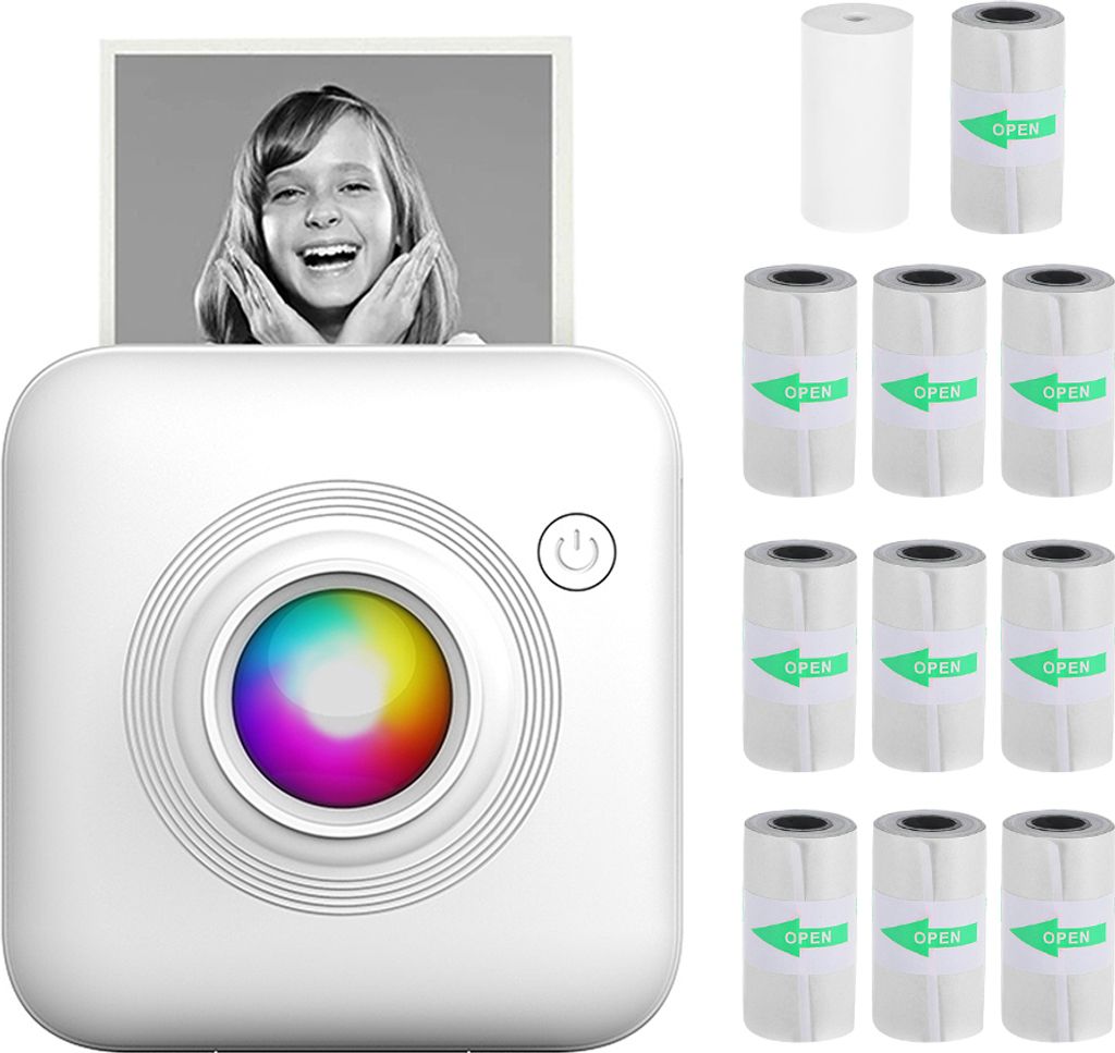 58mm Mini Thermodrucker Bluetooth Fotodrucker Etikettendrucker, LED-Lichtdesign, mit Thermopapier und 10 Rollen Klebeaufklebern, Android-iOS