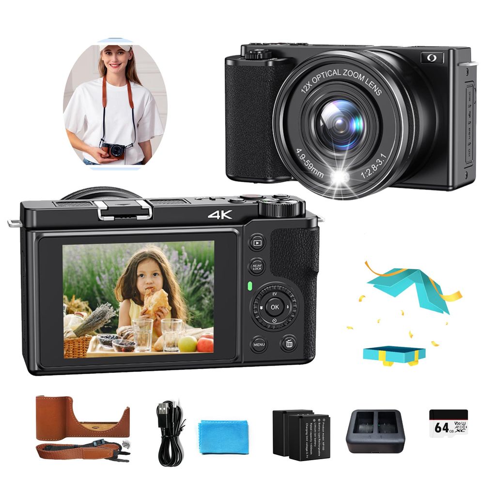 64MP Digitalkamera für Einsteiger mit 4K Video – 12X optischer Zoom Kompaktkamera – 2 Akkus + Lederhülle Perfekt für Reisen, Vlogs & Familie...