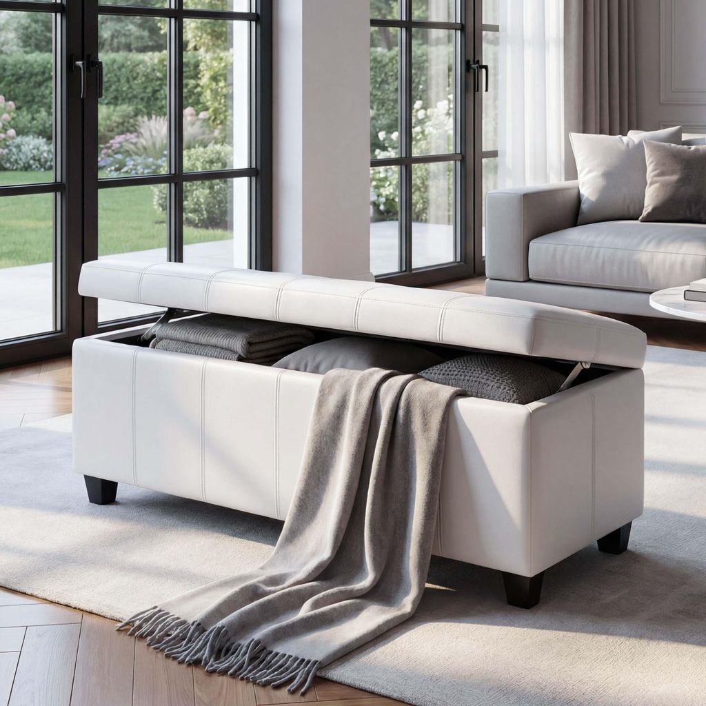 Aufbewahrungs-Truhe Sitzbank Kriens, Leder + Kunstleder, 112x45x45cm MVG- - weiß