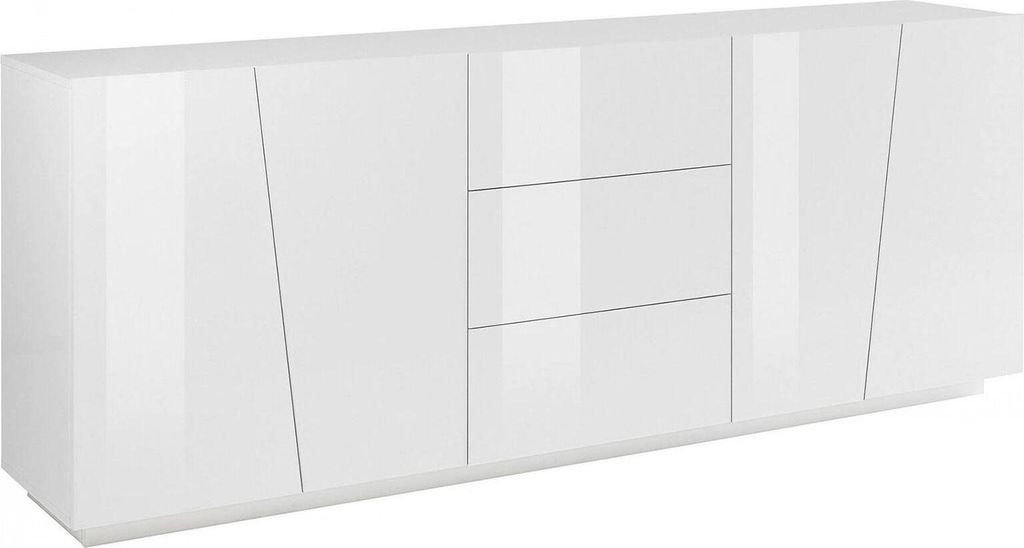 Kommode Sven, Küchen-Sideboard mit 4 Türen und 3 Schubladen, Wohnzimmer-Buffet, 100 % Italy, cm 220x43h86, glänzend weiß