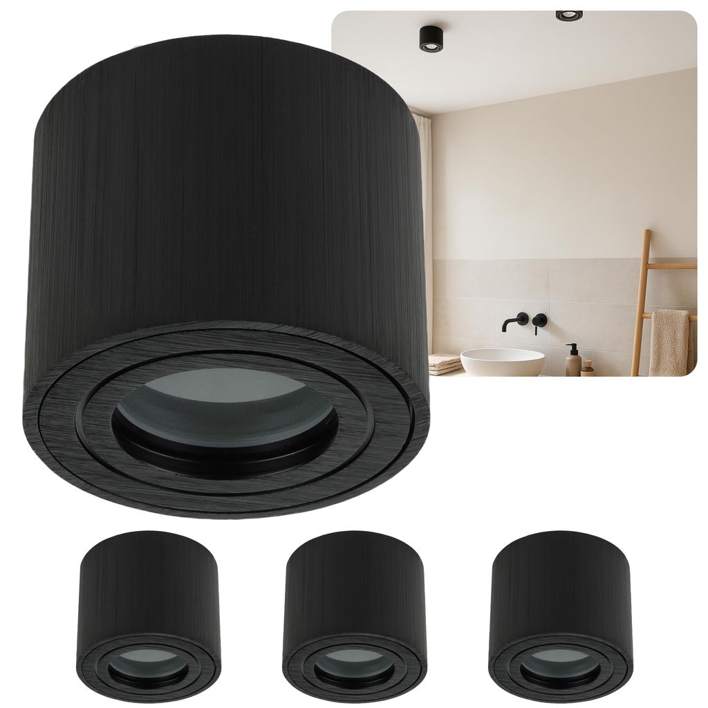 SWEET LED Aufbauleuchte 4er Set flach IP44 (spritzwassergeschützt) Aluminium Deckenspots rund für Bad & Küche schwarz