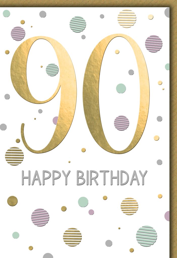 90. Geburtstag Zahl gold und Punkte Happy Birthday Glückwunschkarte mit Umschlag