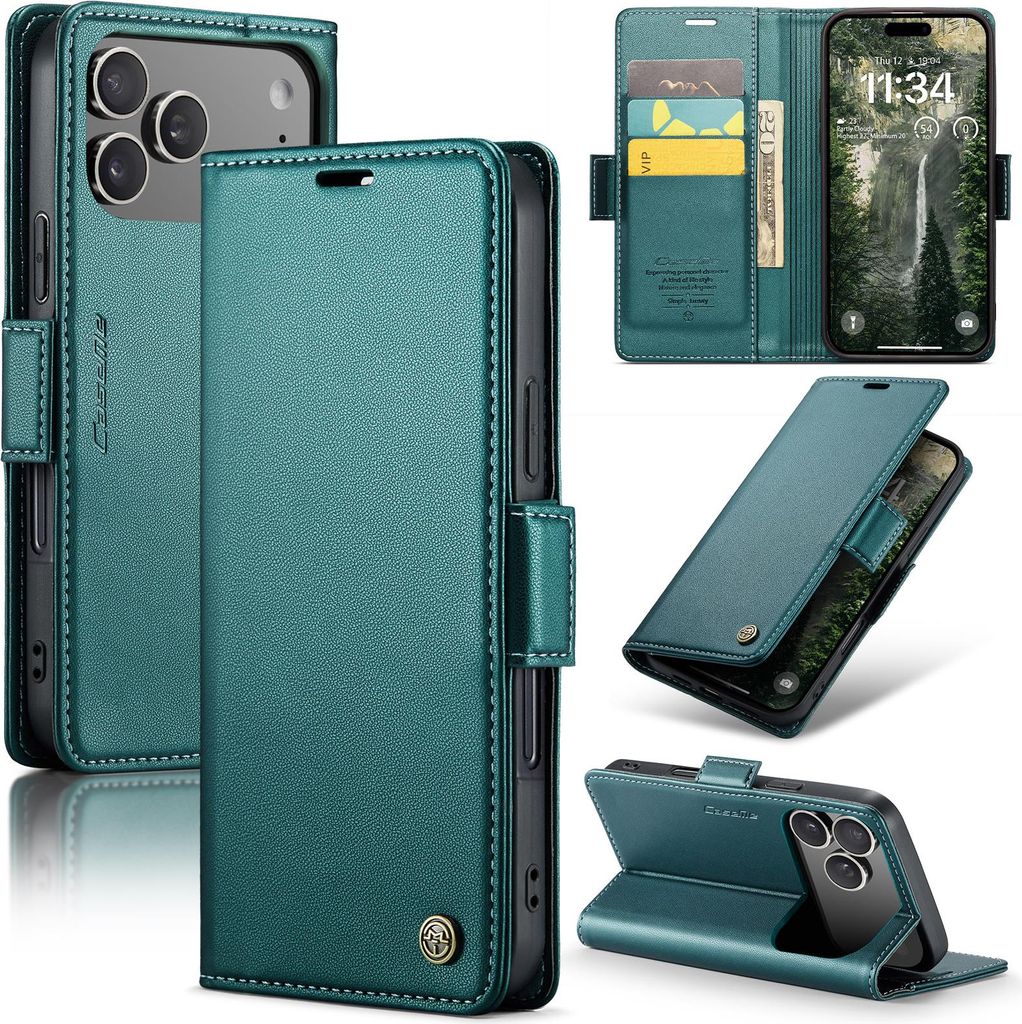Lederhülle für iPhone 17 Pro Brieftasche Kartenfach Schutzhülle mit Standfunktion Grün
