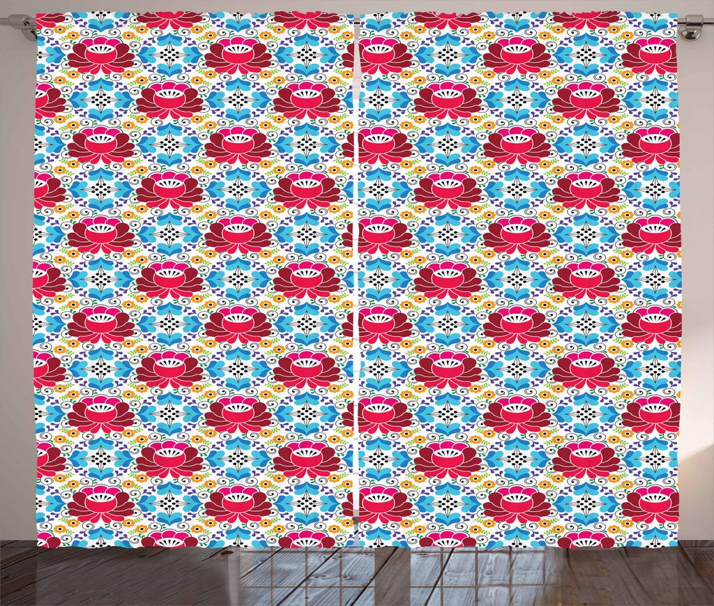 ABAKUHAUS Bunt Rustikaler Gardine, Slavic Russian Folk Blumen, Schlafzimmer Kräuselband Vorhang mit Schlaufen und Haken, 280 x 175 cm, Mehrfarbig