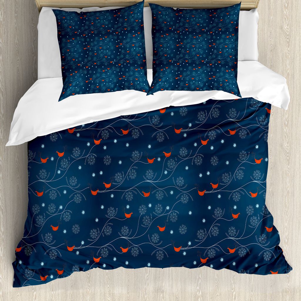 ABAKUHAUS Winter Bettbezug, Vögel auf Zweigen, Milbensicher Allergiker geeignet mit Kissenbezügen, 155 cm x 220 cm - 80 x 80 cm, Petrol Blau Oran...