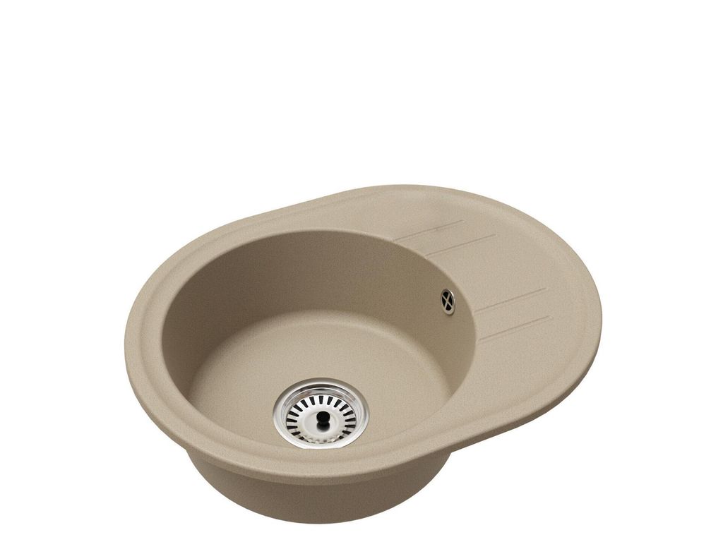 A single beige kitchen sink with a drainer is shown against a white background.