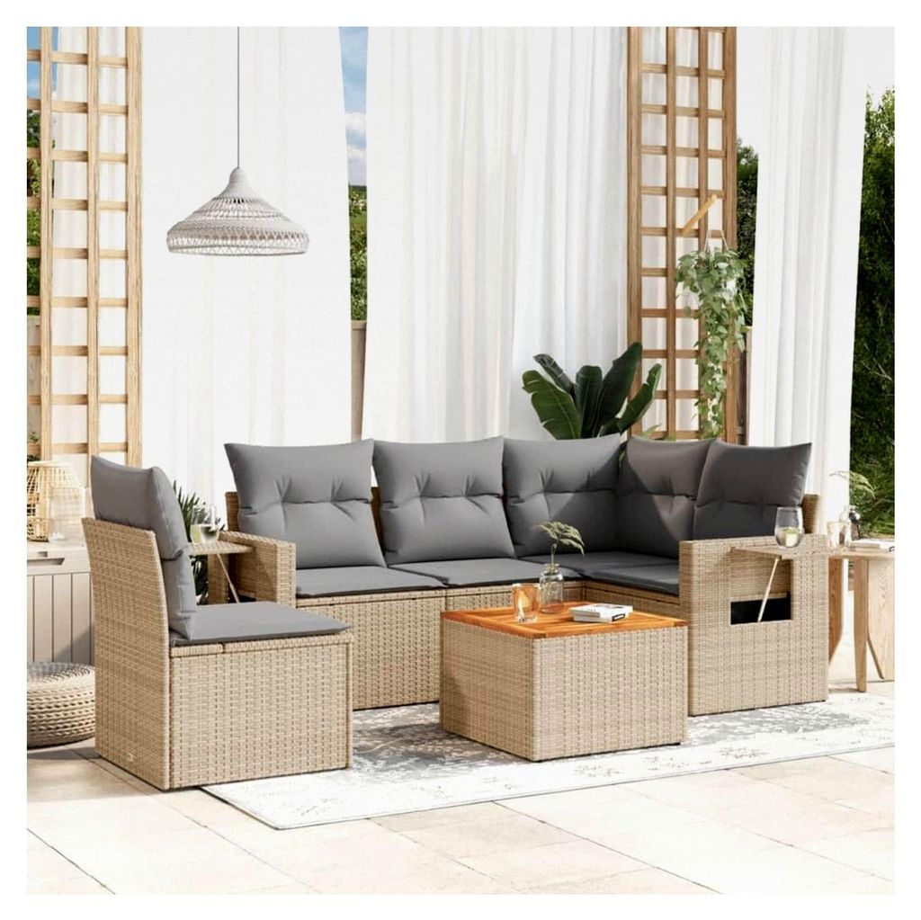 6-teiliges Gartensofa-Set mit beigen Kissen aus Polyrattan, Outdoor-Sofas für den Garten