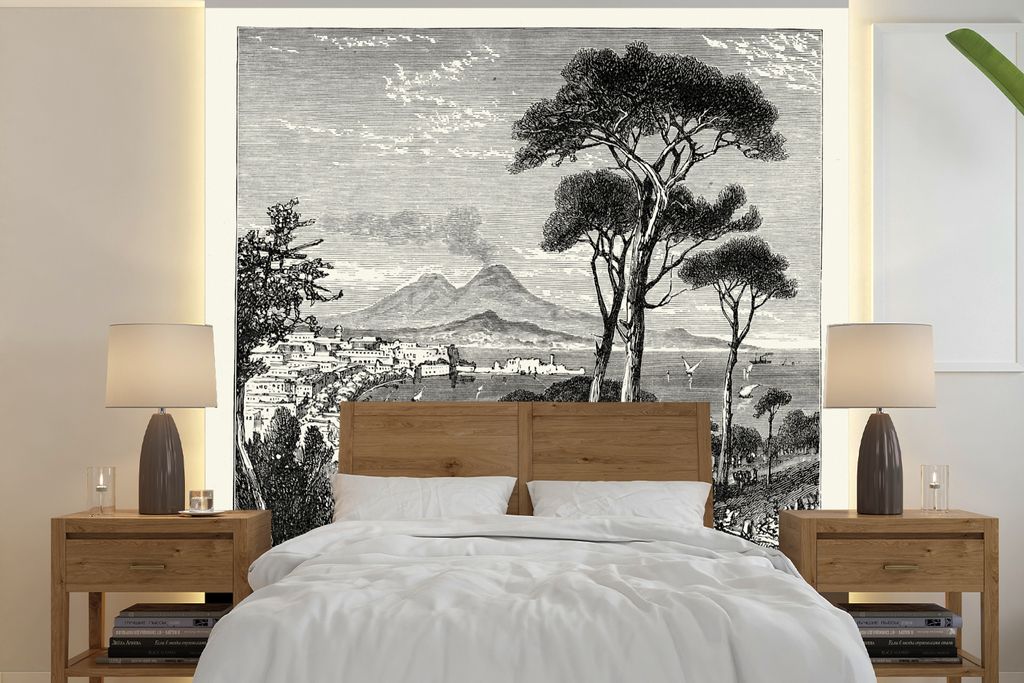 MuchoWow Fototapete für Wohnzimmer oder Schlafzimmer Wandtapete Vinyl Motivtapete Illustration der Aussicht über Napoli - 350x350 cm - Schlafzi...