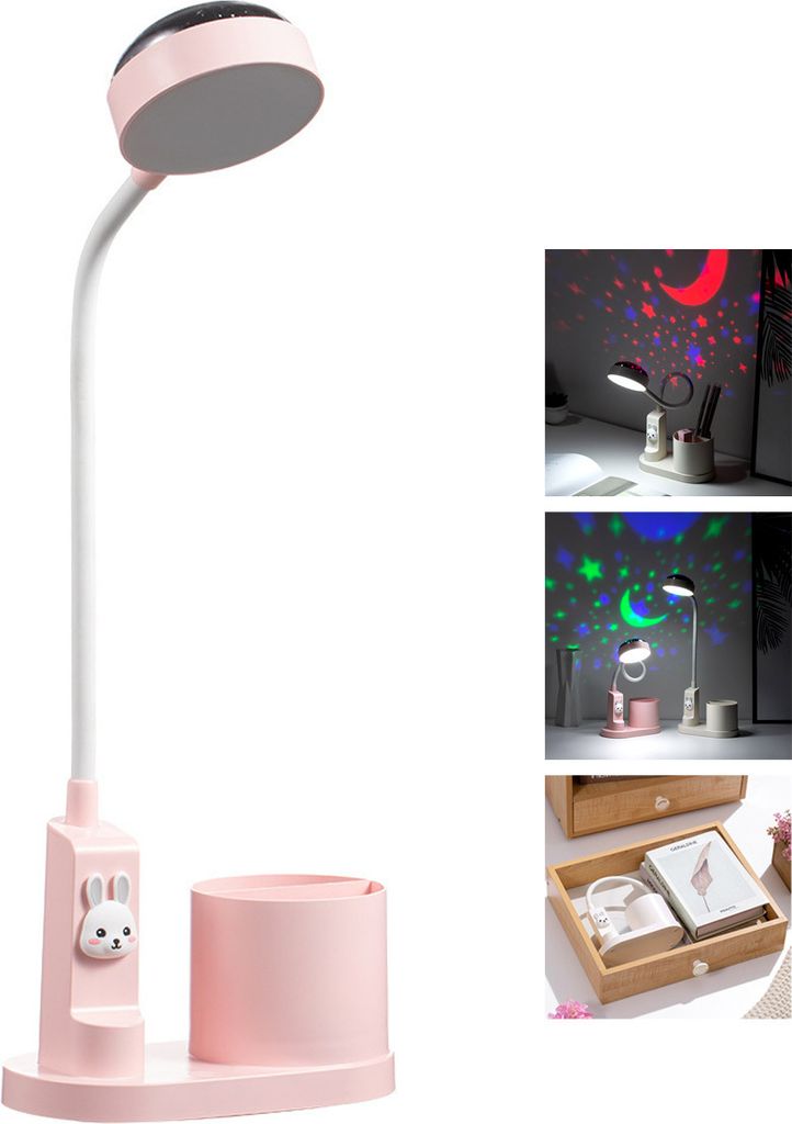 LED Schreibtischlampe LED-Stifthalterleuchte, dimmbare Projektion verstellbarer Lichtmast,Rosa,Tischlampe,Schreibtischlampe mit Stifthalter