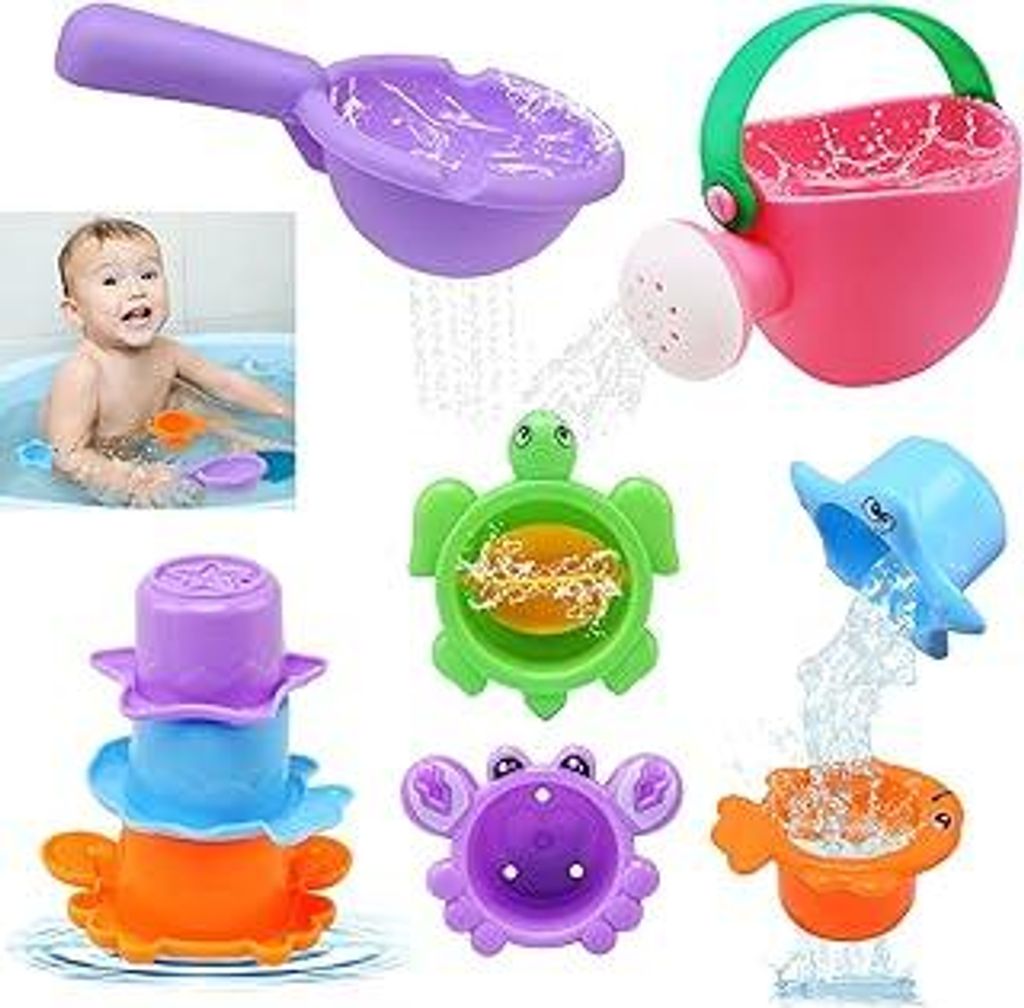 Badespielzeug Baby, Badewannenspielzeug ab 1 2 3 4 Jahr, Wasserspielzeug Kinder, Stapelbare Tierbecher Gießkanne Pool Badewanne Spielzeug für Mä...
