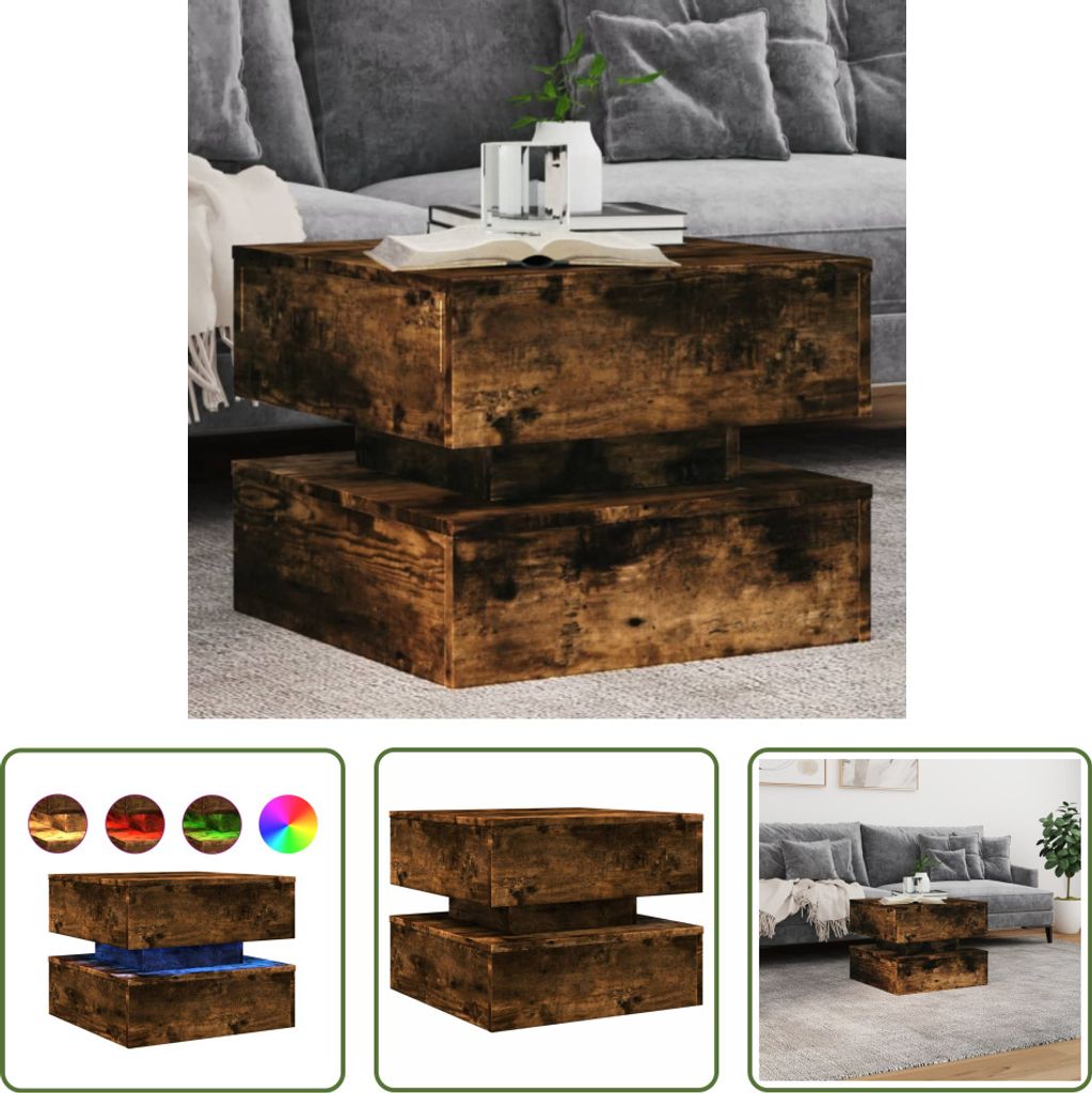 The Living Store Couchtisch mit LED-Leuchten Räuchereiche 50x50x40 cm