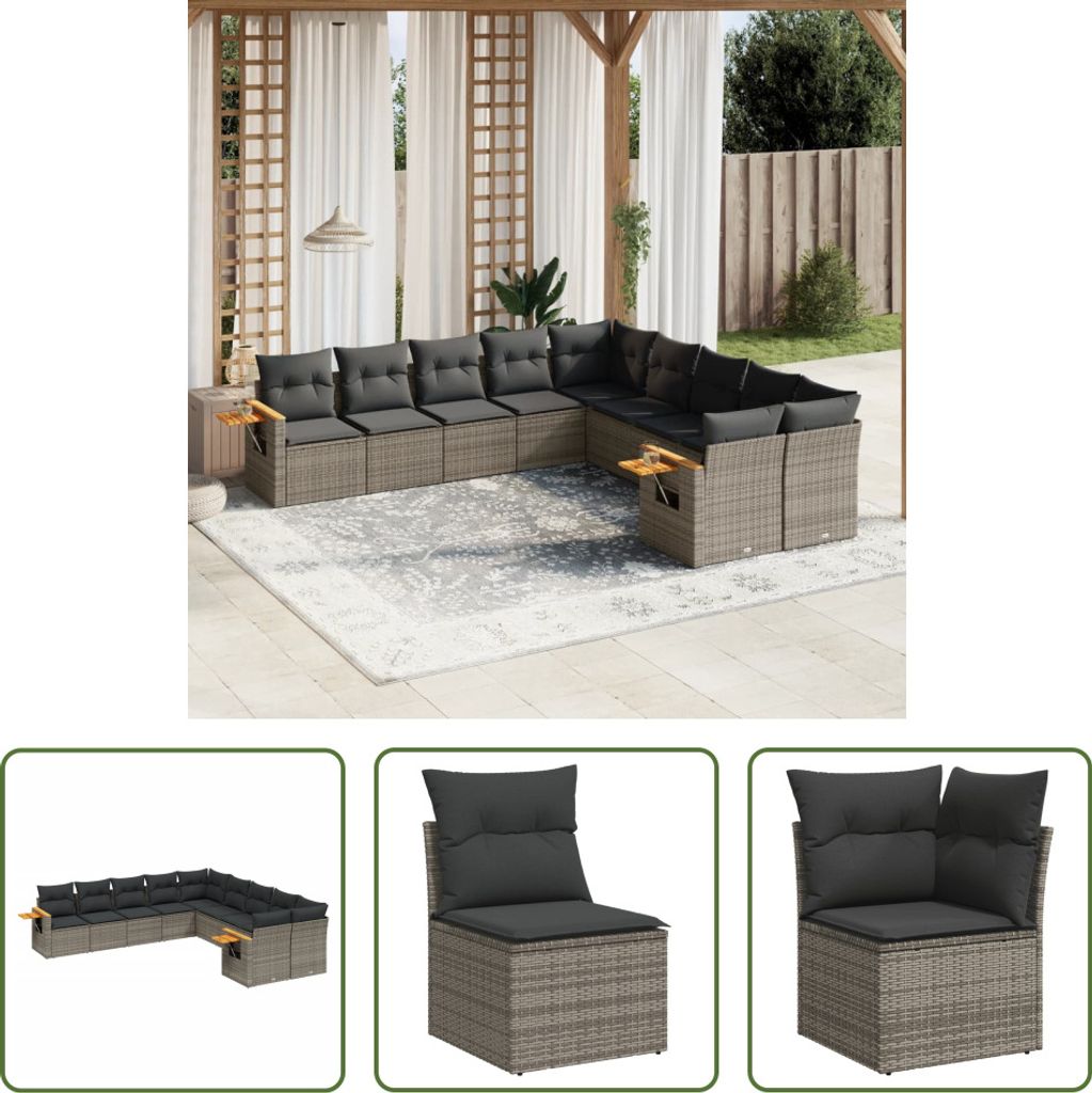 The Living Store 10-tlg. Garten-Sofagarnitur mit Kissen Grau Poly Rattan