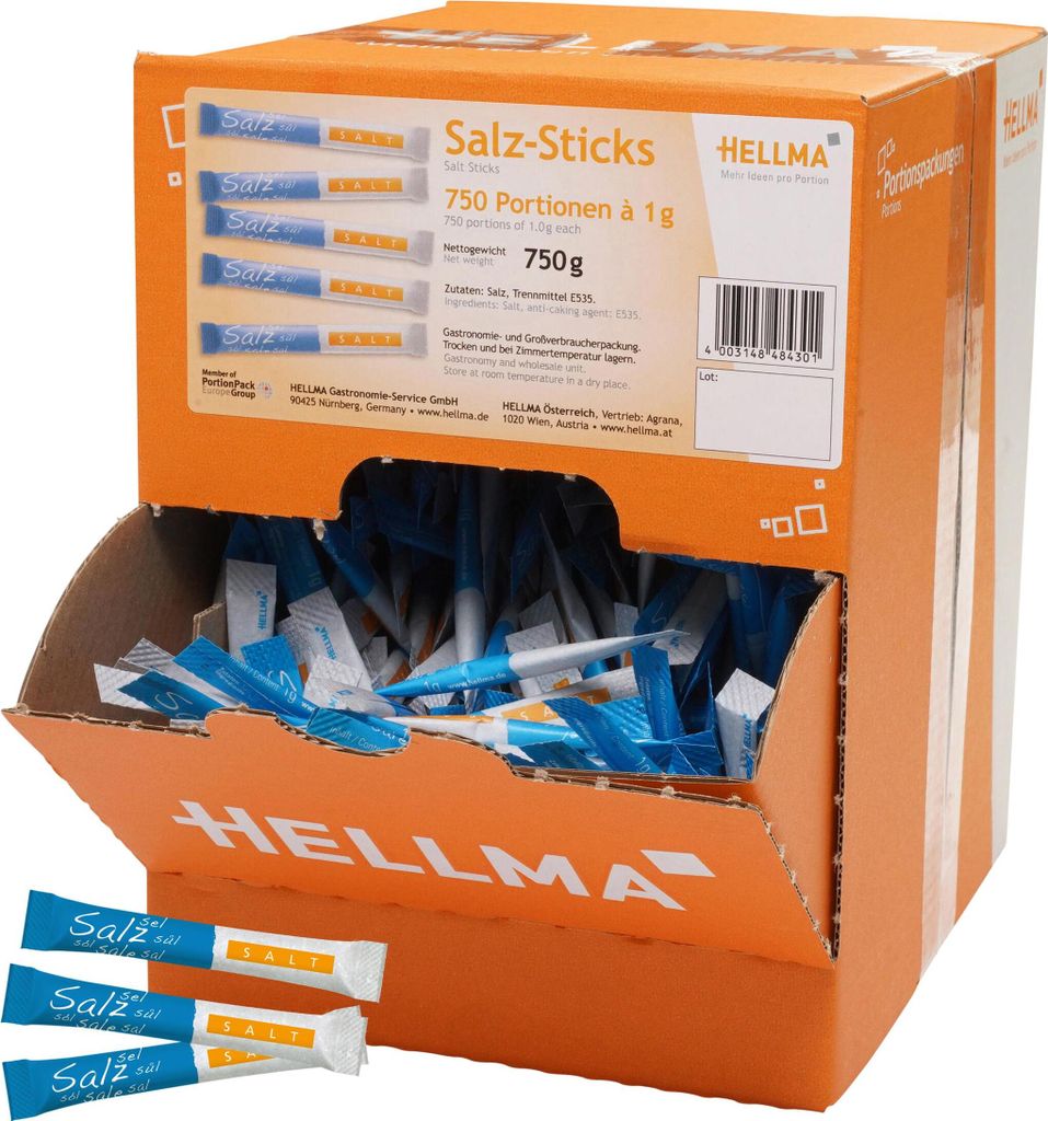 A cardboard dispenser box filled with individual salt stick packets, with a few packets shown in the foreground.