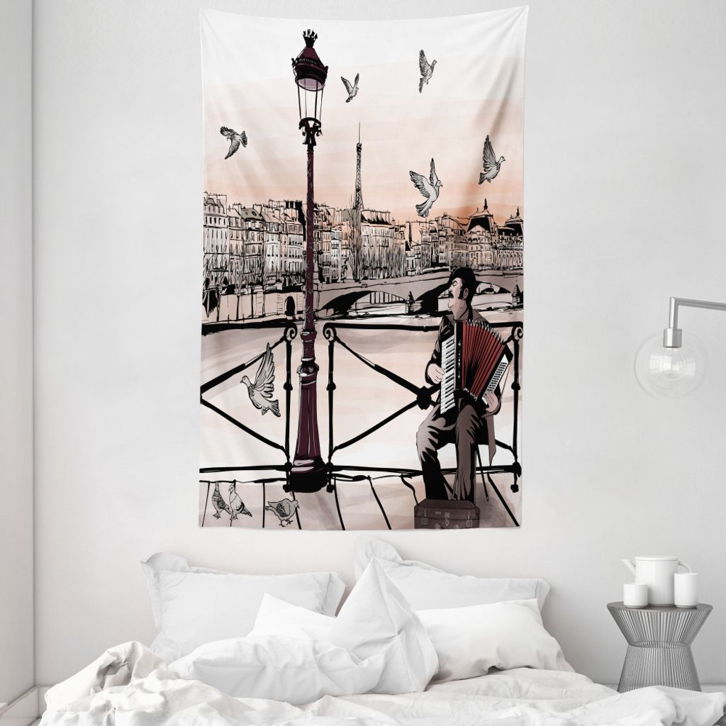 ABAKUHAUS Städtisch Wandteppich und Tagesdecke, Musik Akkordeonist Paris aus Weiches Mikrofaser Stoff Waschbar ohne Verblassen Digitaldruck, 140 x...