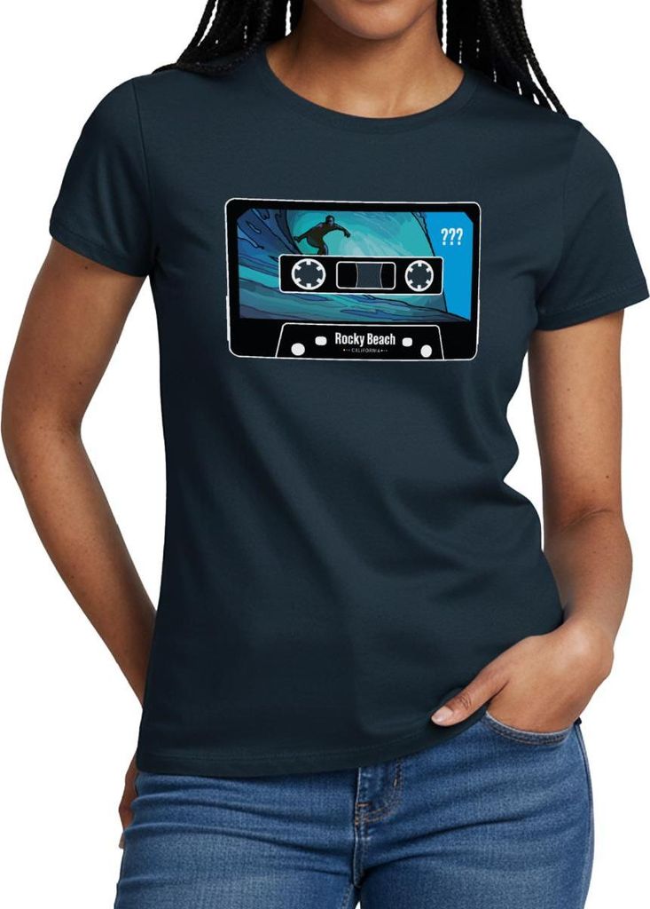 Spreadshirt Die drei Fragezeichen Rocky Beach Kassette Surfen Frauen T-Shirt, L, Navy