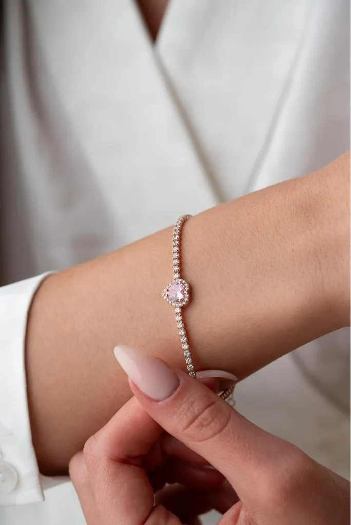Bracelet cœur zircone rose et argent design Suyolu luxueux plaqué or