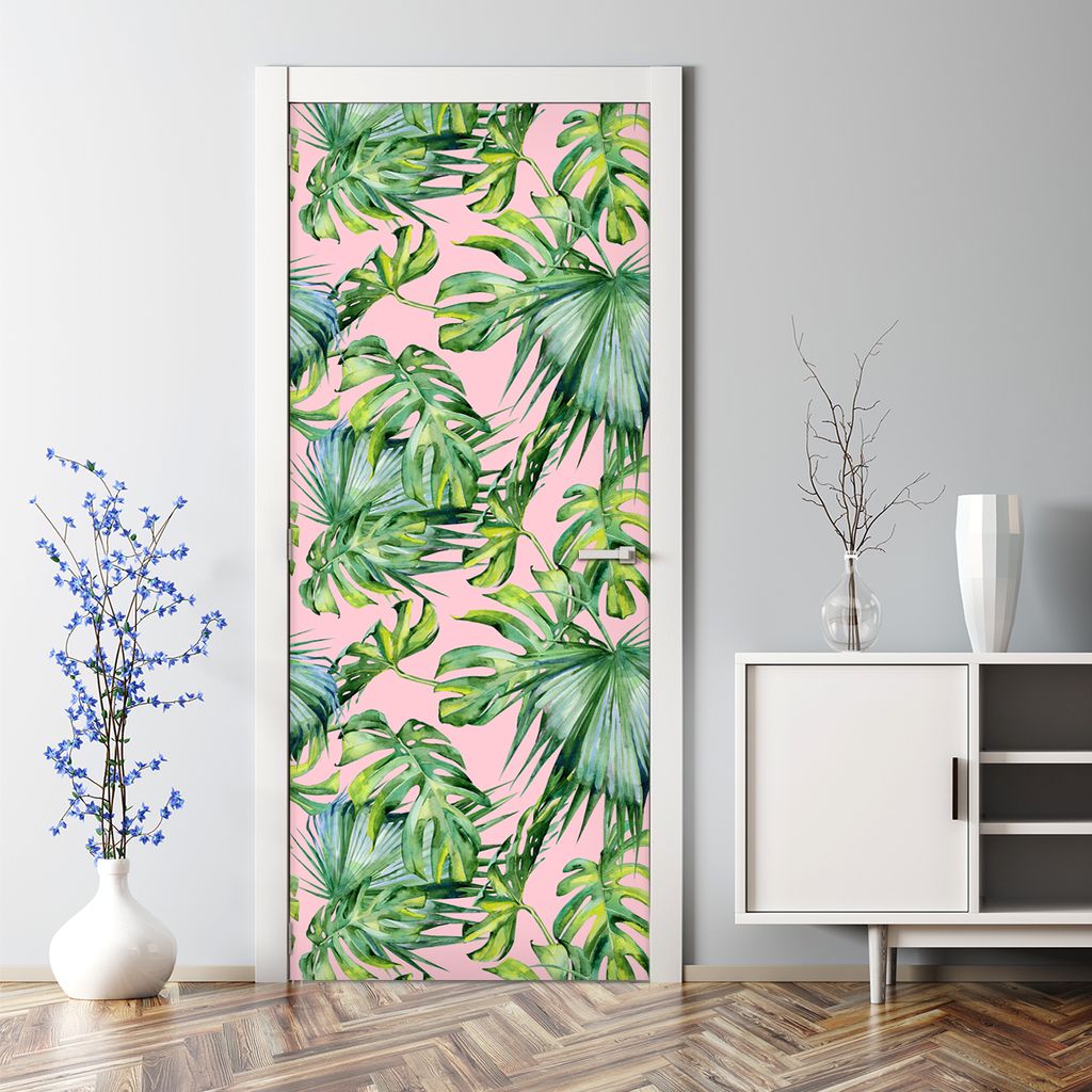 Dekorative Türposter selbstklebend Klebefolie Wandaufkleber Türaufkleber Rosa Grün Blätter 85 x 200 cm