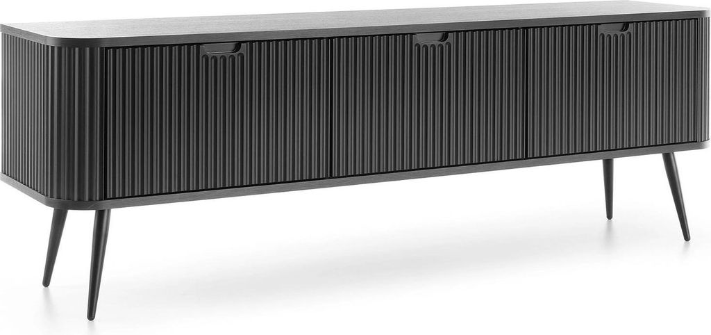 Lowboard Porto 168 cm Schwarz mit Drei Türen, Gerillten Fronten und Schwarzen Metallfüßen