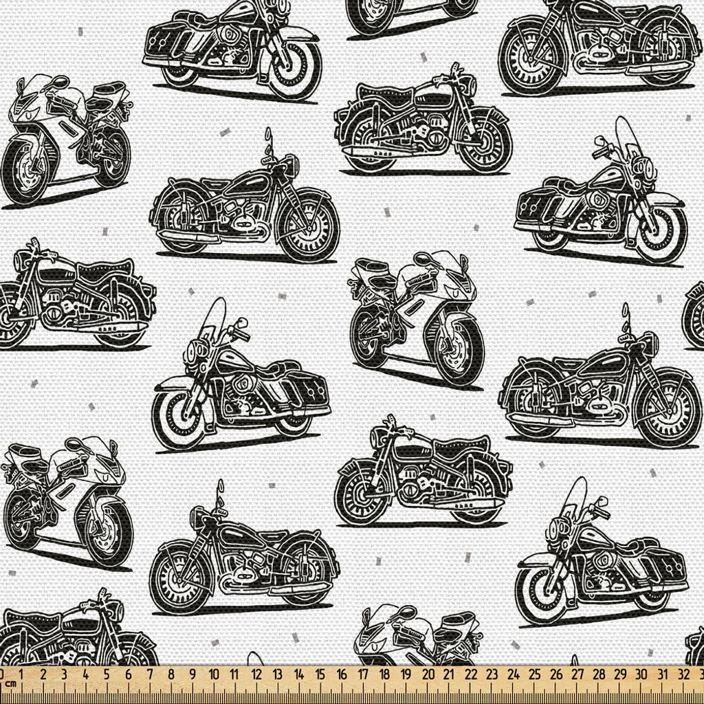 ABAKUHAUS Motorrad Gewebe als Meterware, Retro- Motorrad-Zeichnungen von altmodischen und modernen auf weißem Hintergrund, 1 M (148 x 100 cm), Sch...