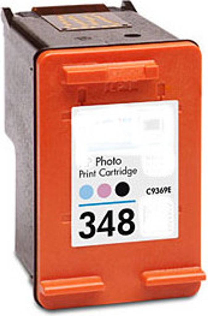A close-up studio shot of an orange and black ink cartridge.